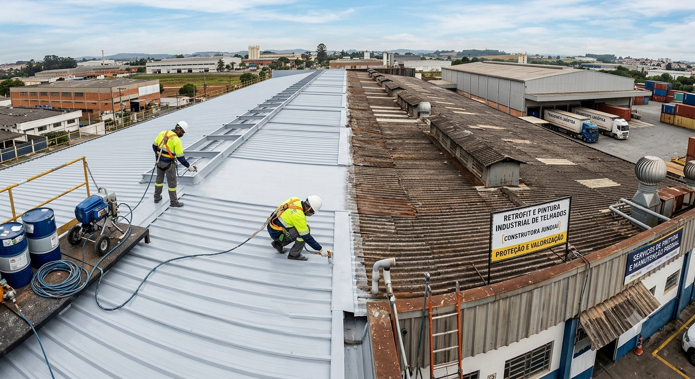 Retrofit e pintura industrial de telhados — equipe em obra