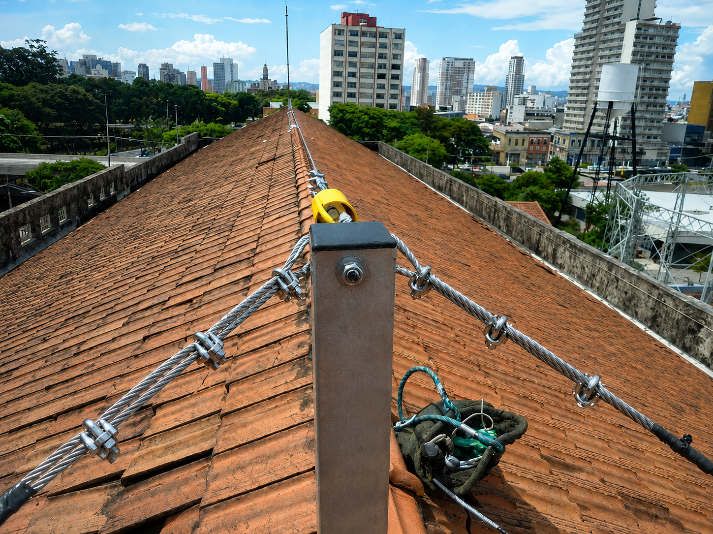 Sistema de linha de vida com cabo de aço fixado no telhado